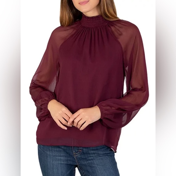 NWT Joie burgundy sheer long-sleeve smocked top women’s size XL - Picture 1 of 10